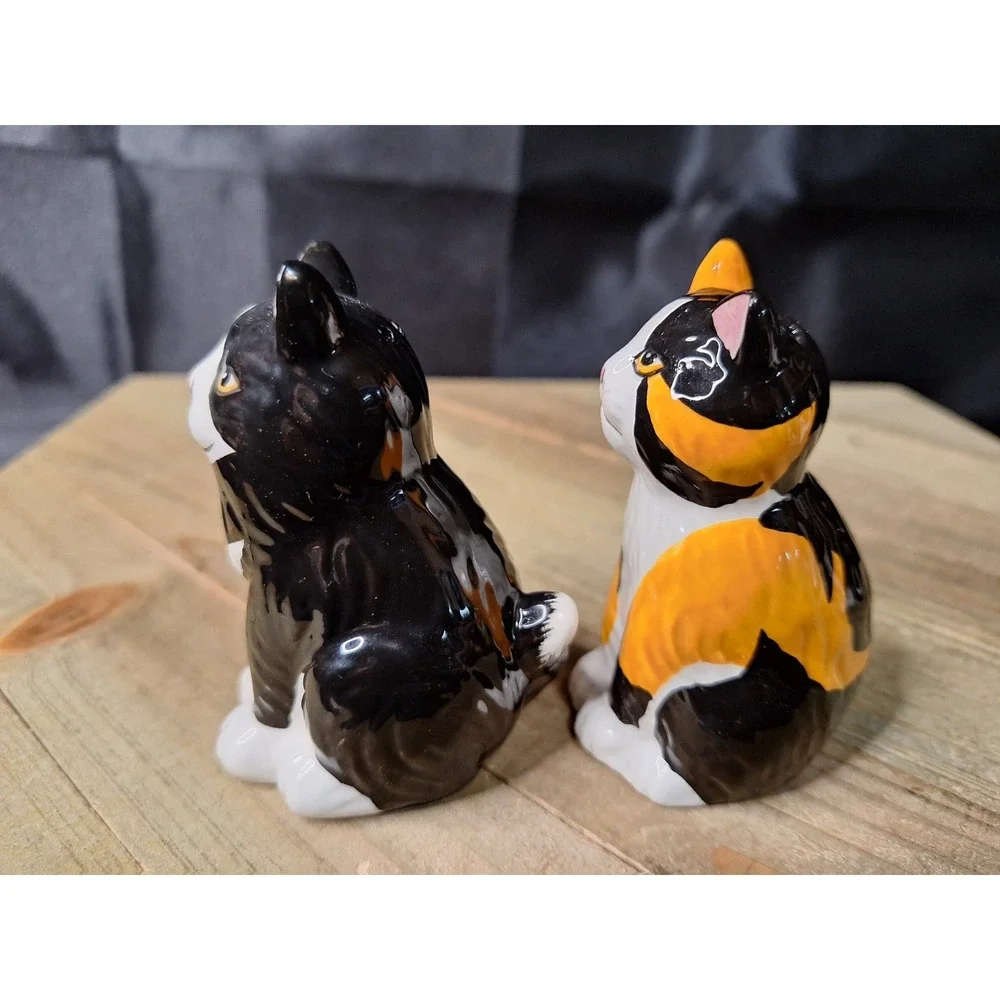 Tuxedo and Calico Cat Ceramic Salt and Pepper Shakers Set Black White Orange